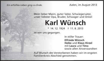 Traueranzeige von Karl Wünsch von Schwäbische Post