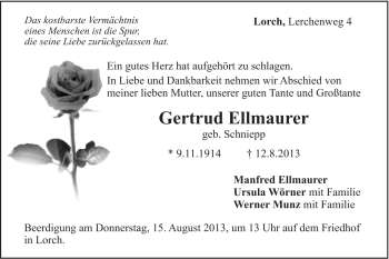 Traueranzeige von Gertrud Ellmaurer von Gmünder Tagespost