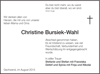 Traueranzeige von Christine Bursiek-Wahl von Gmünder Tagespost