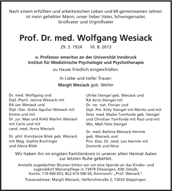 Traueranzeige von Dr. med. Wolfgang Wesiack von Schwäbische Post