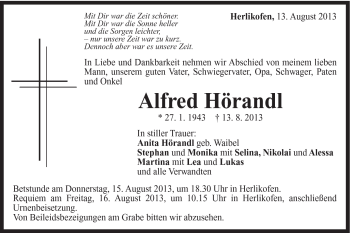 Traueranzeige von Alfred Hörandl von Gmünder Tagespost