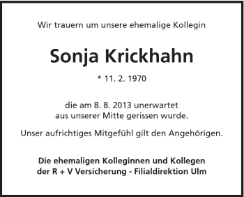 Traueranzeige von Sonja Krickhahn von Schwäbische Post