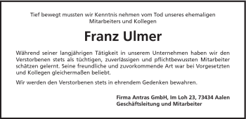 Traueranzeige von Franz Ulmer von Schwäbische Post