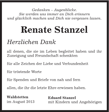Traueranzeige von Renate Stanzel von Gmünder Tagespost