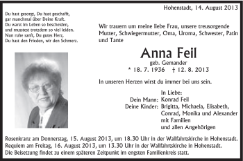 Traueranzeige von Anna Feil von Schwäbische Post