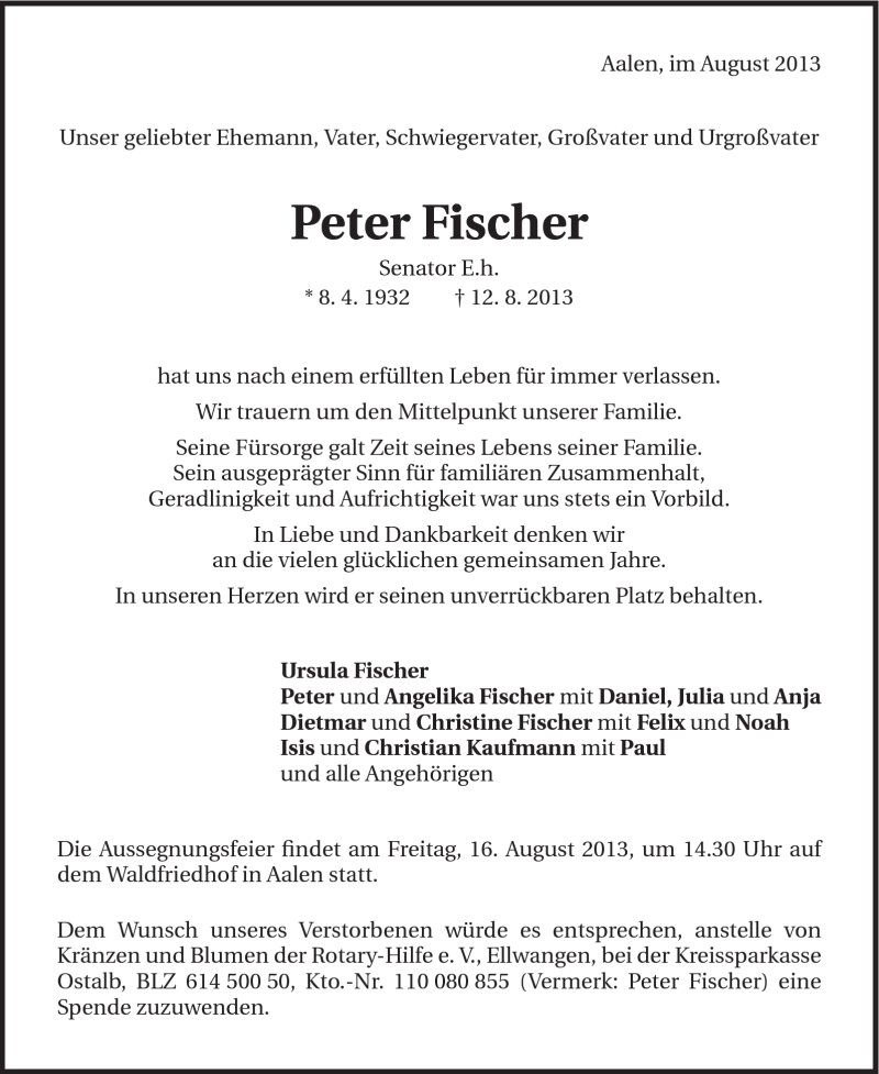  Traueranzeige für Peter Fischer vom 15.08.2013 aus Schwäbische Post