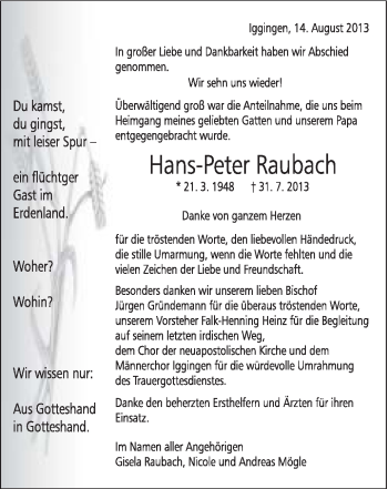 Traueranzeige von Hans-Peter Raubach von Gmünder Tagespost