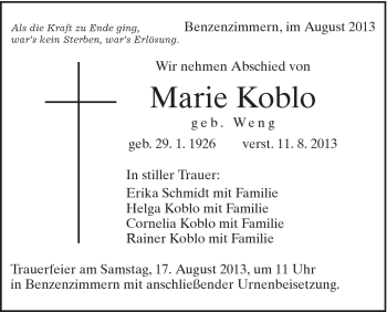 Traueranzeige von Marie Koblo von Schwäbische Post