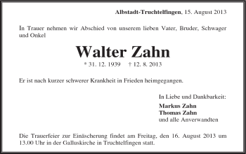 Traueranzeige von Walter Zahn von Schwäbische Post