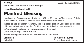 Traueranzeige von Manfred Btessing von Schwäbische Post