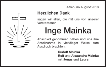 Traueranzeige von Inge Mainka von Schwäbische Post