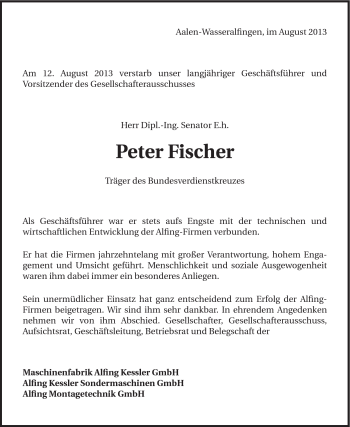 Traueranzeige von Peter Fischer von Schwäbische Post