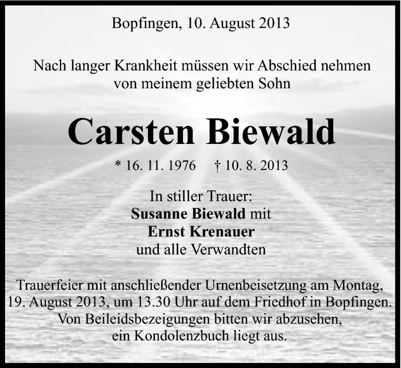  Traueranzeige für Carsten Biewald vom 15.08.2013 aus Schwäbische Post
