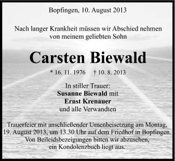 Traueranzeige von Carsten Biewald von Schwäbische Post
