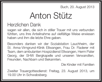 Traueranzeige von Anton Stütz von Schwäbische Post