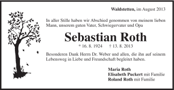 Traueranzeige von Sebastian Roth von Gmünder Tagespost