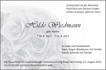 Traueranzeige von Hilde Wiedmann von Gmünder Tagespost
