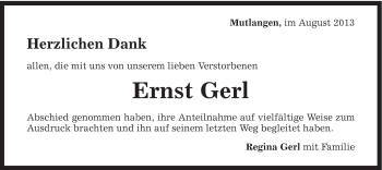 Traueranzeige von Ernst Gerl von Gmünder Tagespost