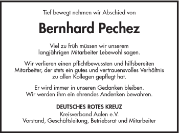 Traueranzeige von Bernhard Pechez von Schwäbische Post