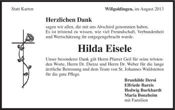 Traueranzeige von Hilda Eisele von Gmünder Tagespost