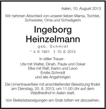 Traueranzeige von Ingeborg Heinzelmann von Schwäbische Post