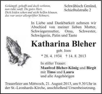 Traueranzeige von Katharina Bleher von Gmünder Tagespost
