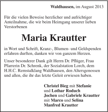 Traueranzeige von Maria Krautter von Gmünder Tagespost