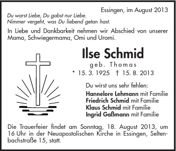 Traueranzeige von Ilse Schmid von Schwäbische Post