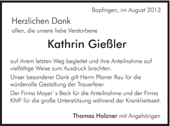 Traueranzeige von Kathrin Gießler von Schwäbische Post