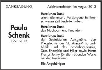 Traueranzeige von Paula Schenk von Schwäbische Post