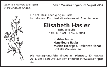 Traueranzeige von Elisabeth Hasler von Schwäbische Post