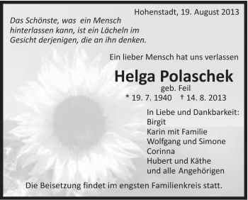 Traueranzeige von Helga Polaschek von Schwäbische Post