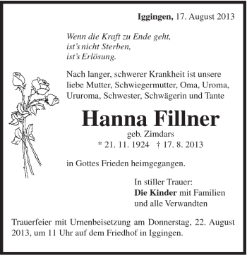 Traueranzeige von Hanna Fillner von Gmünder Tagespost