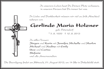 Traueranzeige von Gerlinde Maria Holzner von Schwäbische Post