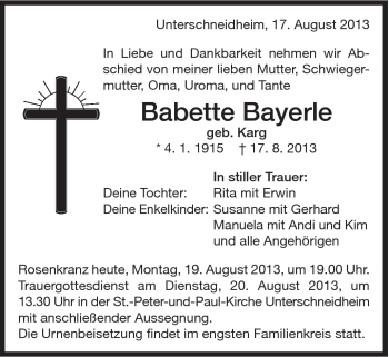 Traueranzeige von Babette Bayerle von Schwäbische Post