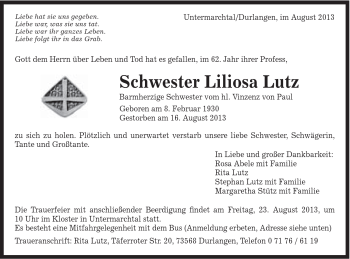 Traueranzeige von Liliosa Lutz von Gmünder Tagespost