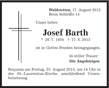 Traueranzeige von Josef Barth von Gmünder Tagespost