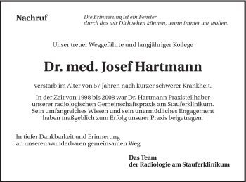 Traueranzeige von Josef Hartmann von Gmünder Tagespost