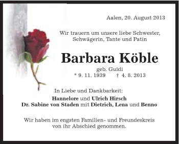 Traueranzeige von Barbara Köble von Schwäbische Post