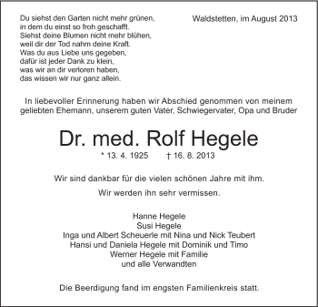 Traueranzeige von Dr. Rolf Hegele von Gmünder Tagespost