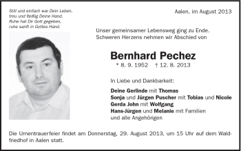 Traueranzeige von Bernhard Pechez von Schwäbische Post