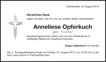 Traueranzeige von Anneliese Opferkuch von Schwäbische Post