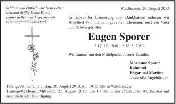 Traueranzeige von Eugen Sporer von Schwäbische Post