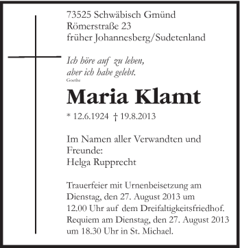 Traueranzeige von Maria Klamt von Gmünder Tagespost
