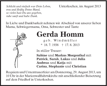 Traueranzeige von Gerda Homm von Schwäbische Post