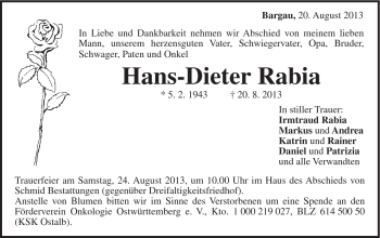 Traueranzeige von Hans-Dieter Rabia von Gmünder Tagespost