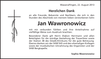 Traueranzeige von Jan Wawronowicz von Schwäbische Post