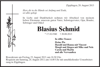 Traueranzeige von Blasius Schmid von Schwäbische Post