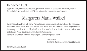 Traueranzeige von Margareta Maria Waibel von Gmünder Tagespost