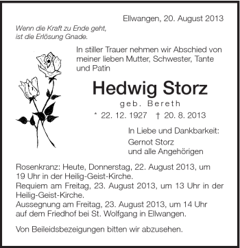 Traueranzeige von Hedwig Storz von Schwäbische Post